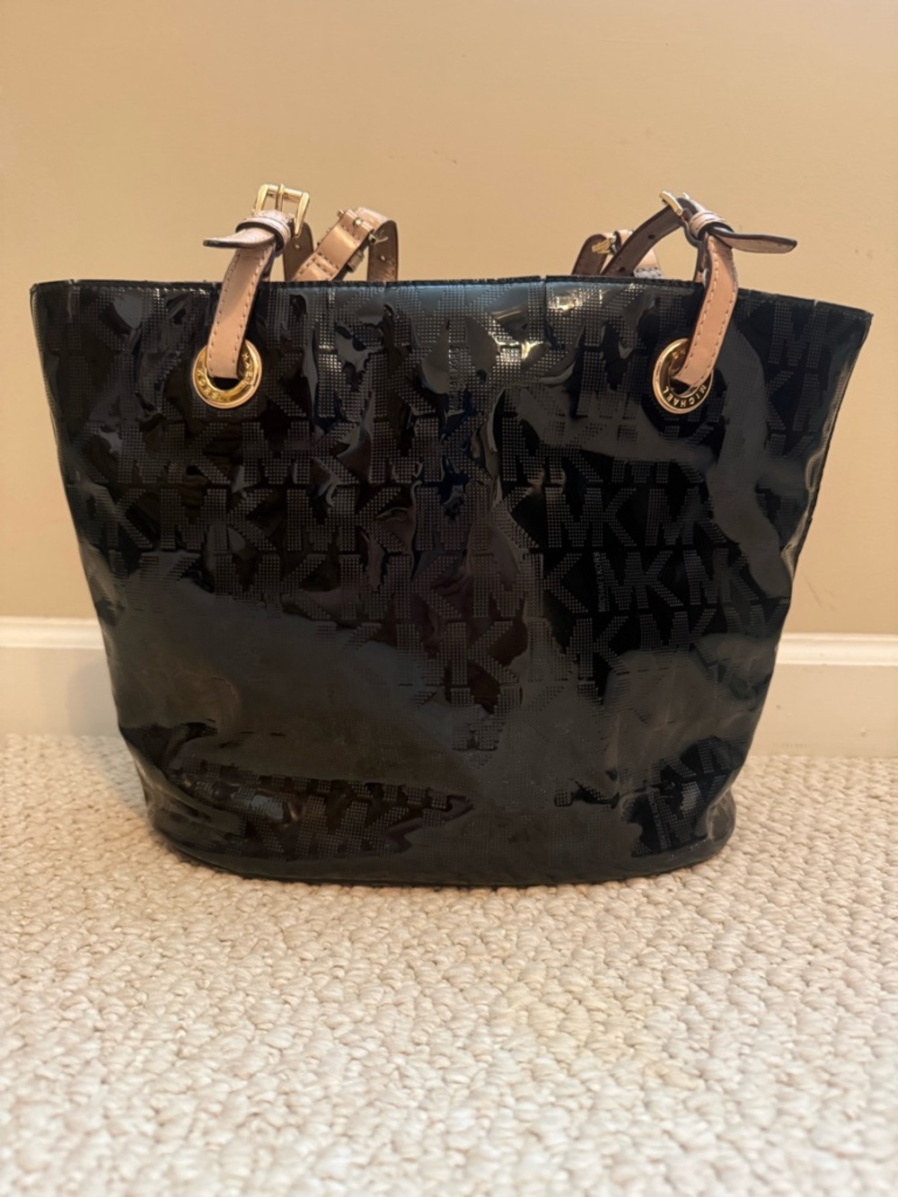 Michael Kors Black Patent Tote with Tan Leather Handles